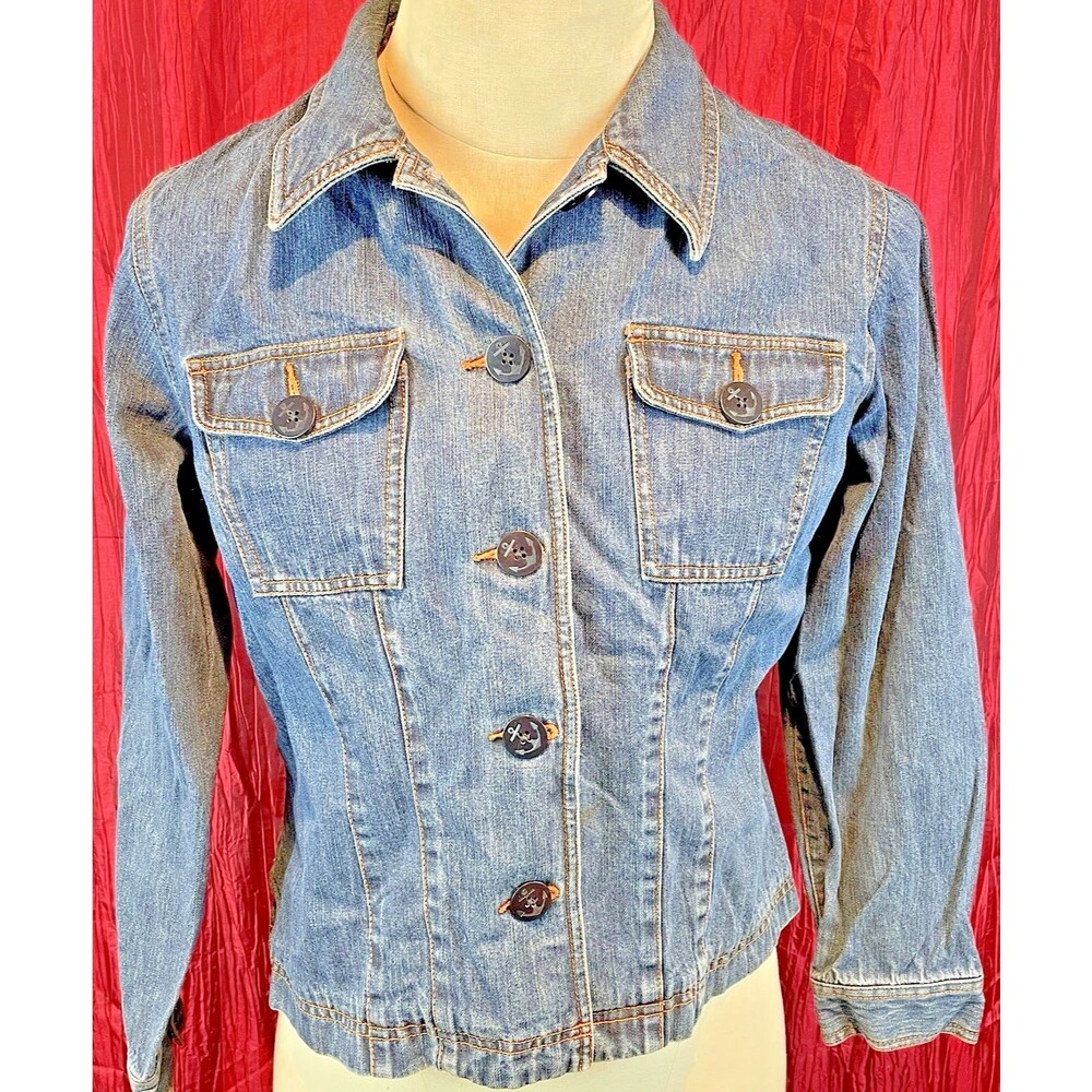 Womens Liz Claiborne Dark Wash Classic Blue Cotton Denim Jacket sz Lg Petite